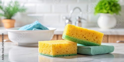 Two soft and absorbent scouring sponges sitting on a clean kitchen counter with a bowl of soap nearby, kitchen counter, scouring sponges photo