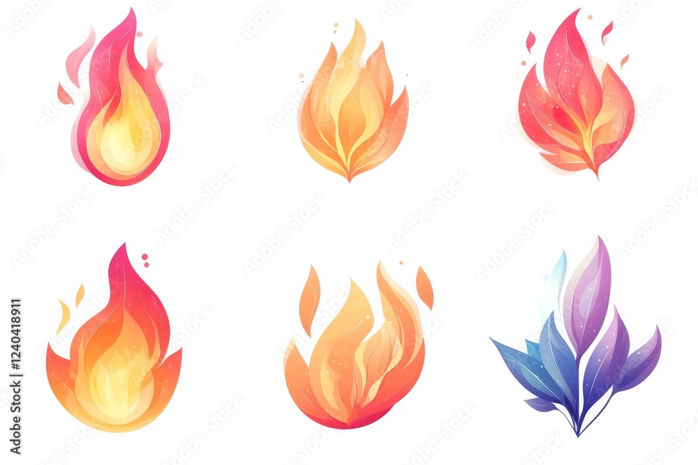 Vibrant flame illustrations showcasing various fire styles and colors with a touch of creativity and artistry Vibrant flame illustrations showcasing various fire styles and colors with a touch of creativity and artistry