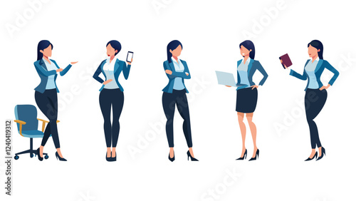 set of business woman character, postures and poses illustration collection, business people team