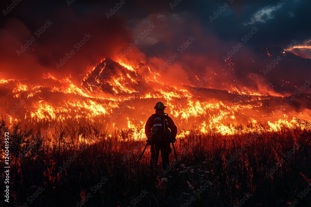 Fototapeta premium Fiery blaze engulfs landscape as firefighter stands ready against raging wildfire at dusk