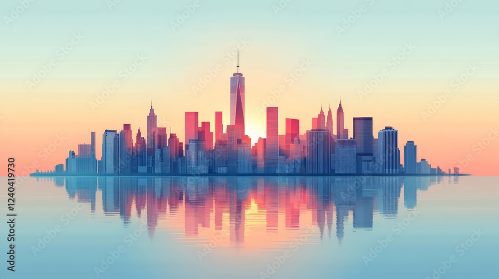 Fototapeta premium Illustration of modern buildings and city skyline reflections at dusk