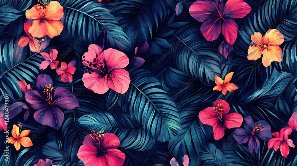 Vivid Tropical Hibiscus Flowers and Lush Green Leaves