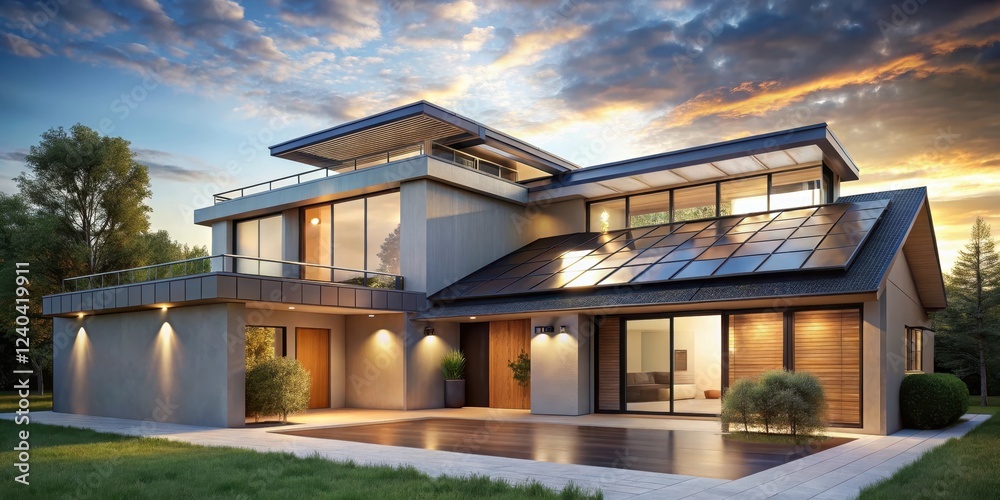 Fototapeta premium A futuristic front view of a contemporary house featuring a long and rectangular roofline with multiple skylights and solar panels on the rooftop , solar panels, contemporary architecture