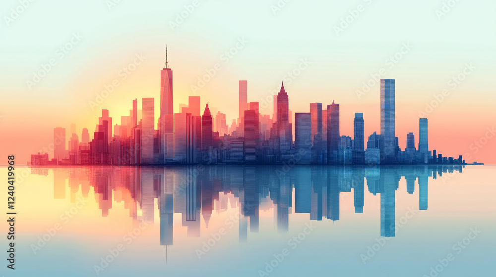 Fototapeta premium Illustration of modern buildings and city skyline reflections at dusk