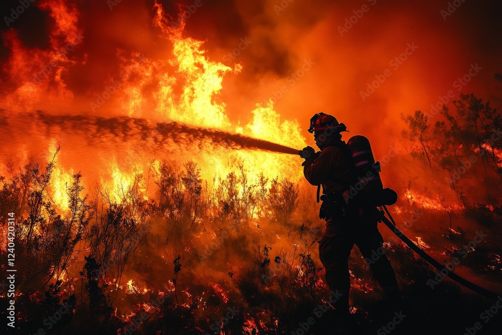 Obraz premium Firefighter battles intense wildfire in dense vegetation amid bright flames during a challenging outdoor operation