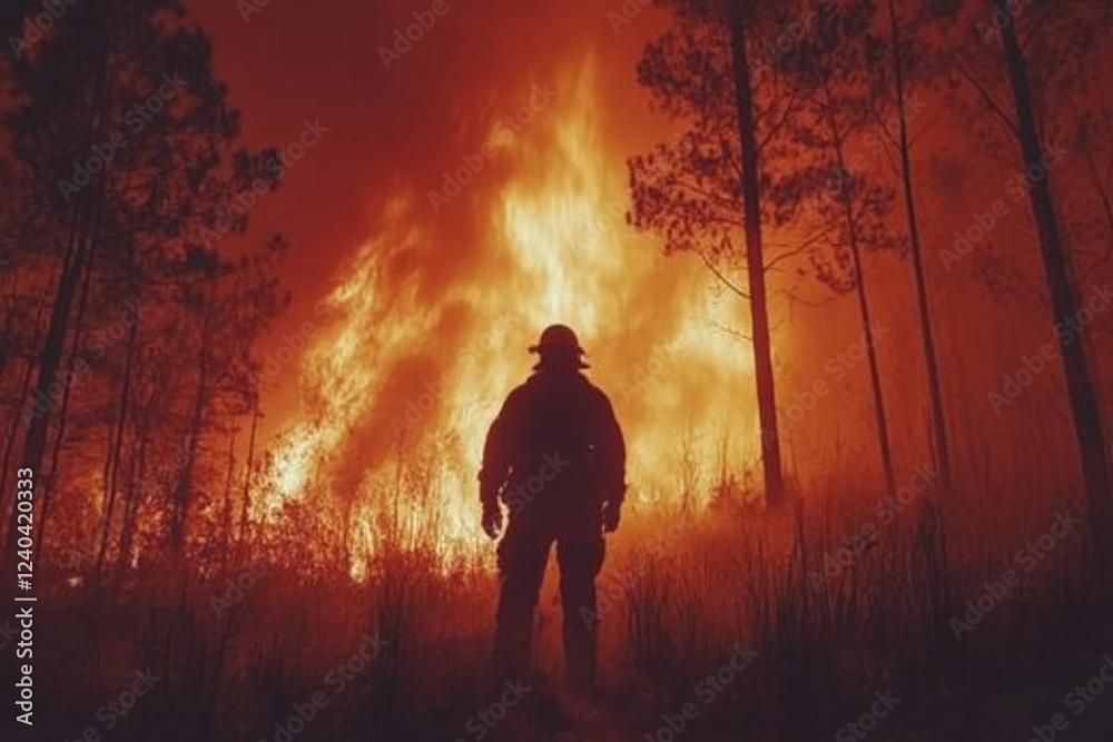Fototapeta premium Firefighter stands against raging wildfire under ominous glow of flames at dusk