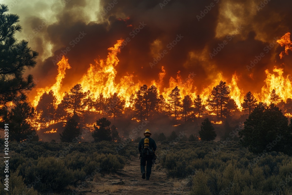 Fototapeta premium Firefighter approaches raging wildfire engulfing trees in forest during sunset