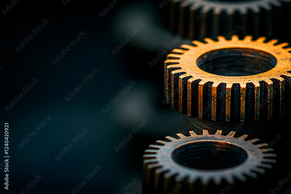 Close-up gears, industrial setting, dark background, machinery concept Close-up gears, industrial setting, dark background, machinery concept