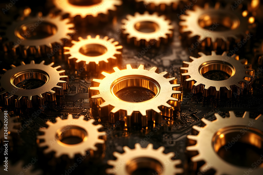 Golden gears on circuit board, teamwork, industry Golden gears on circuit board, teamwork, industry