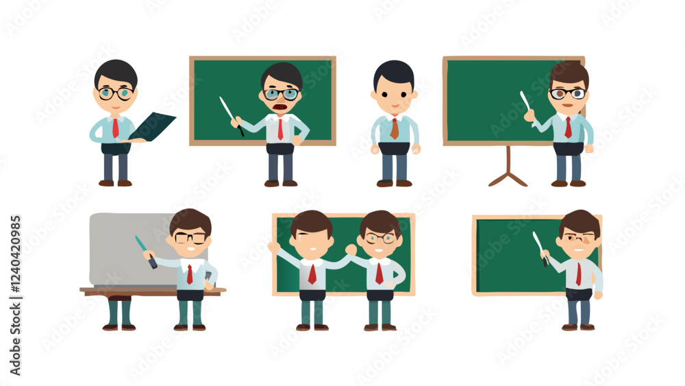 set of teacher character near school board, poses illustration collection set, set of people set of teacher character near school board, poses illustration collection set, set of people