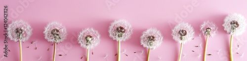 Floral pattern of fresh yellow flowers and fluffy dandelion on pink background. Beautiful spring composition, top view.