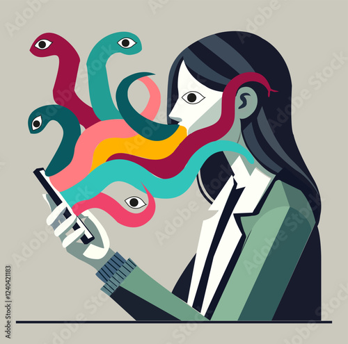 A conceptual and modern illustration of a woman holding a smartphone, with colorful shapes and snakes emerging from her mouth. The snakes have eyes, symbolizing the toxicity of digital communication.