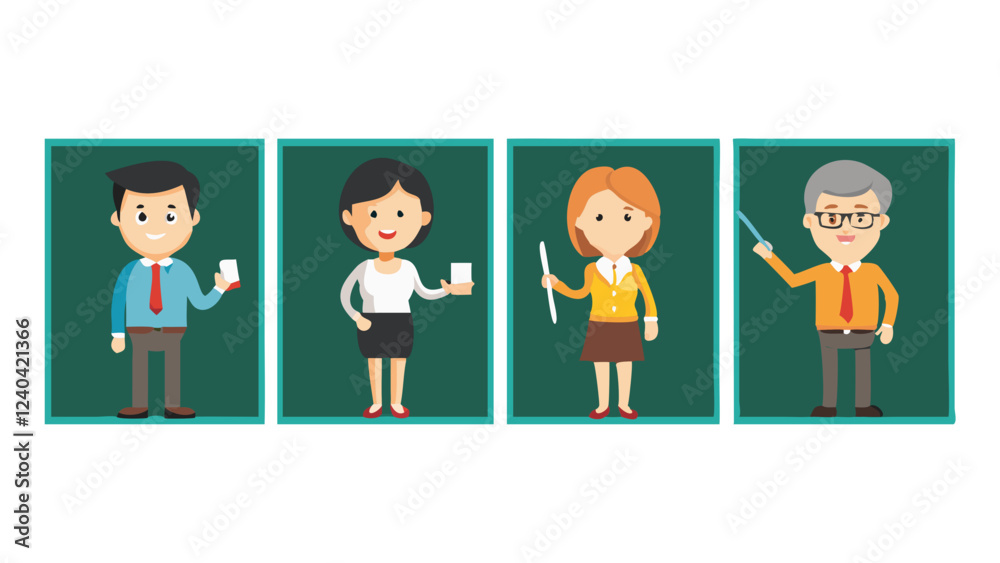 set of teacher character near school board, poses illustration collection set, group of people set of teacher character near school board, poses illustration collection set, group of people