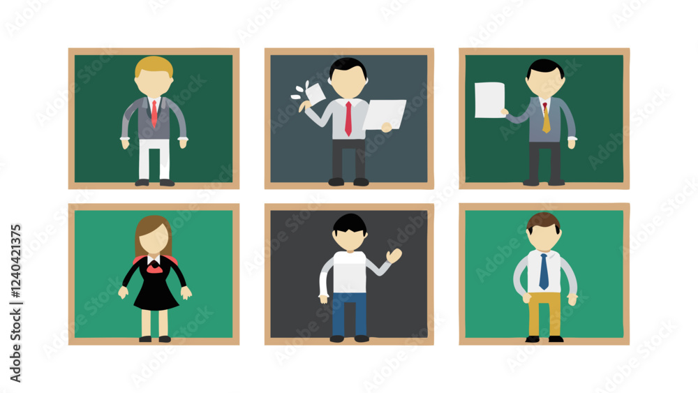 set of teacher character near school board, poses illustration collection set, business people icons set of teacher character near school board, poses illustration collection set, business people icons
