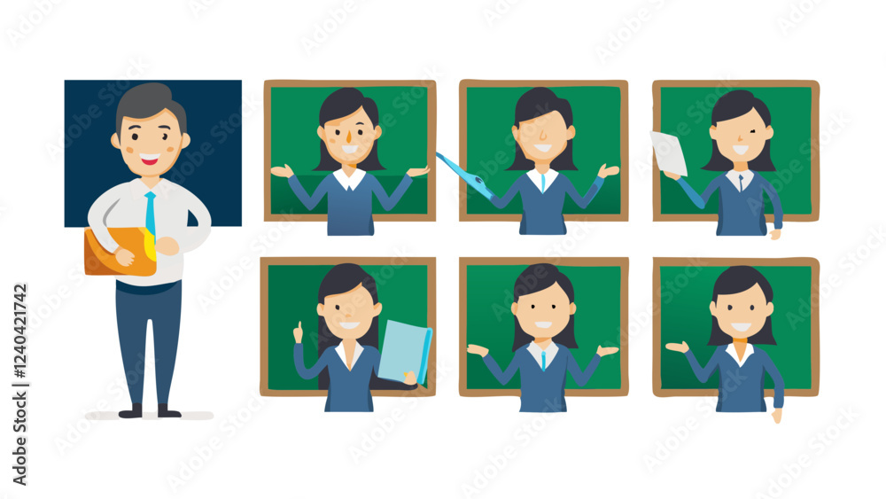 set of teacher character near school board, poses illustration collection set, business people set set of teacher character near school board, poses illustration collection set, business people set