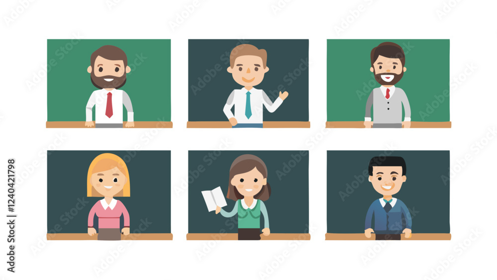 set of teacher character near school board, poses illustration collection set, set of people set of teacher character near school board, poses illustration collection set, set of people
