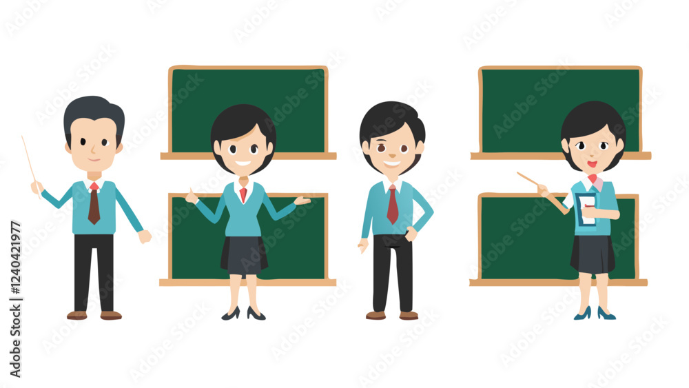 set of teacher character near school board, poses illustration collection set, group of students set of teacher character near school board, poses illustration collection set, group of students