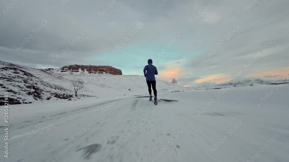 Aerial view from fpv drone male athlete runner runs on snowy road high in mountains in evening. Sunset and cloudy sky in background. Slow motion Aerial view from fpv drone male athlete runner runs on snowy road high in mountains in evening. Sunset and cloudy sky in background. Slow motion
