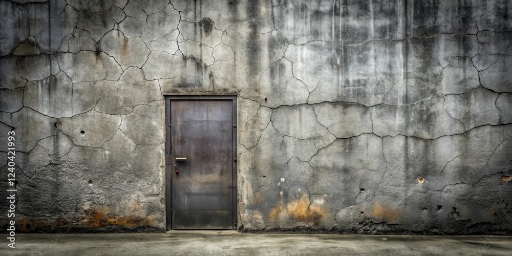 A weathered metal door set within a distressed concrete wall, exhibiting a network of cracks and discoloration A weathered metal door set within a distressed concrete wall, exhibiting a network of cracks and discoloration