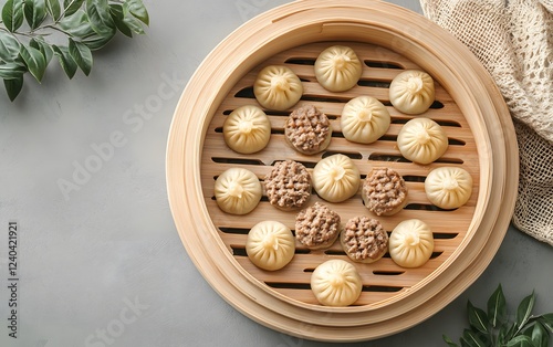 Delicious Steamed Buns in Bamboo Steamer Top View photo