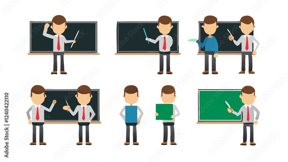 set of teacher character near school board, poses illustration collection set set of teacher character near school board, poses illustration collection set