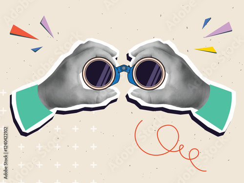 Hands holding a binoculars. Vector illustration in a modern collage style
