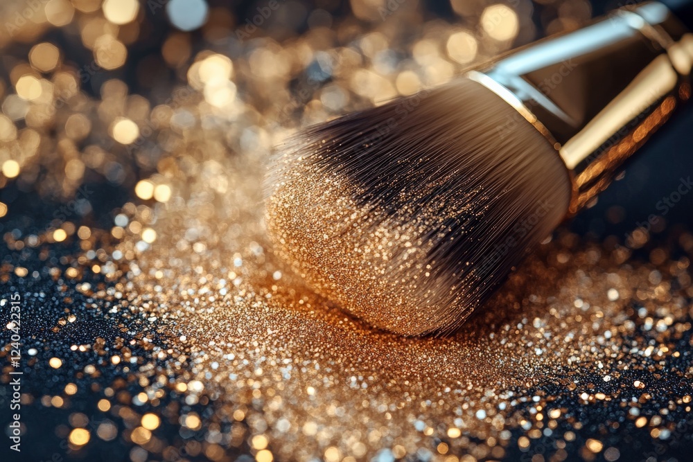 Brush covered in golden glitter rests on a dark surface creating an elegant and luxurious atmosphere Brush covered in golden glitter rests on a dark surface creating an elegant and luxurious atmosphere