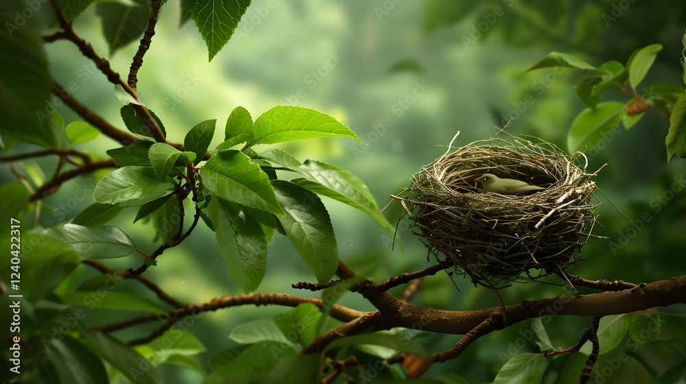 Fototapeta premium Tranquil garden scene featuring a simple bird's nest on a tree branch