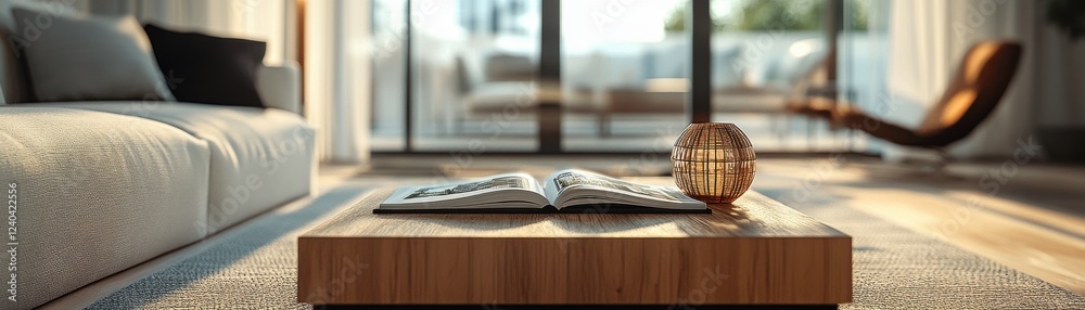 A cozy living room scene featuring a coffee table with a magazine and decorative object, bathed in natural light from large windows. A cozy living room scene featuring a coffee table with a magazine and decorative object, bathed in natural light from large windows.