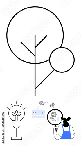 Large abstract tree with circles, lightbulb representing an idea, magnifying glass examining digital currency, person with a blue apron. Ideal for innovation, environment, finance, research