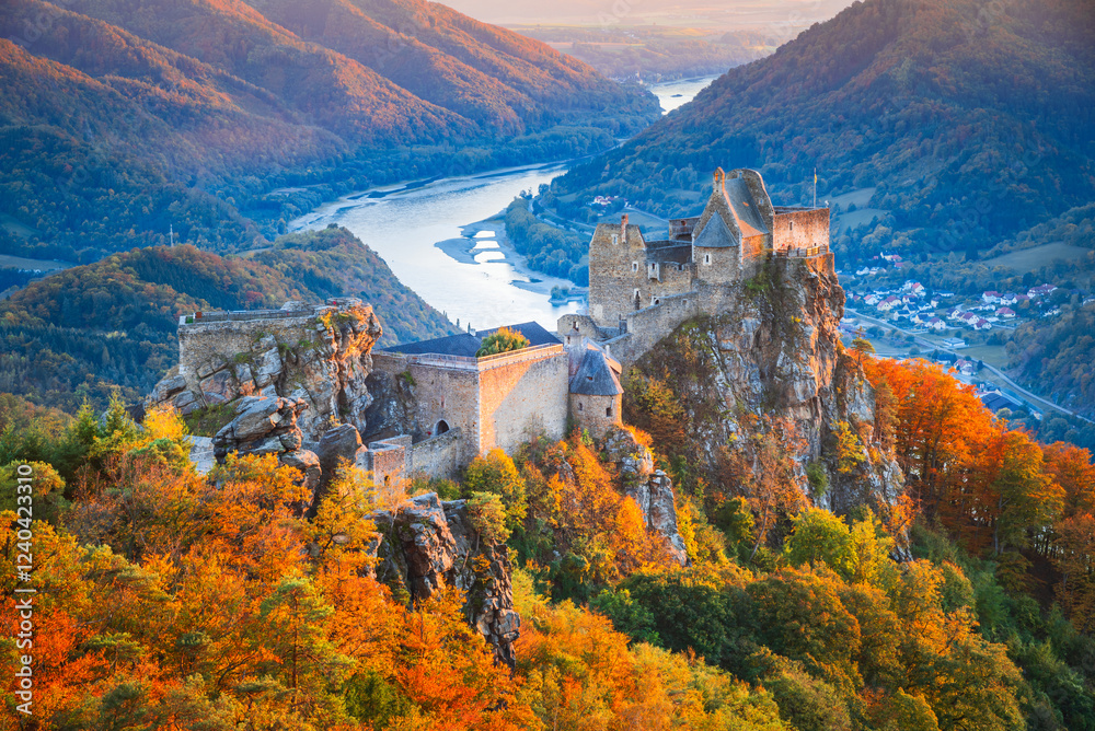 Aggstein ruins and Wachau Valley, picturesque Austrian region with vineyards, historic villages, and the Danube River, Austria.