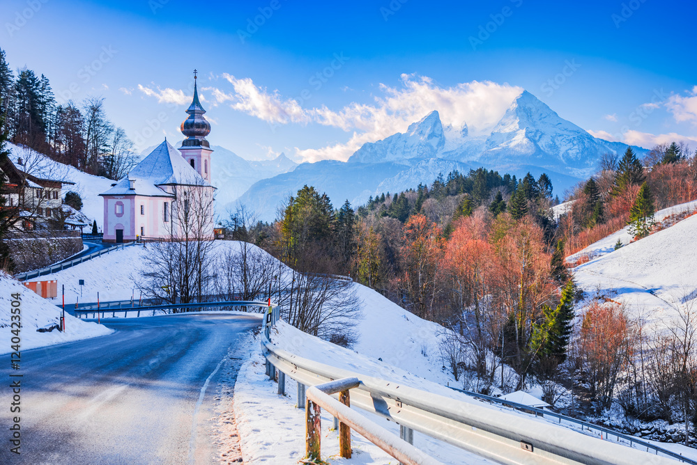 Berchtesgaden, Germany. Maria Gern church, winter frozen landscape with Watzmann Mountain in Alps, Bavaria.