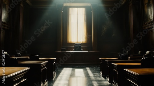 Grand courtroom, light streaming through window, empty chamber, formal setting, potential use for legal drama, historical backdrop photo