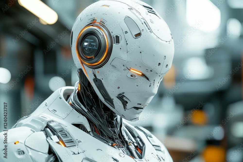 Fototapeta premium Advanced humanoid robot displaying intricate design and technology in a modern setting