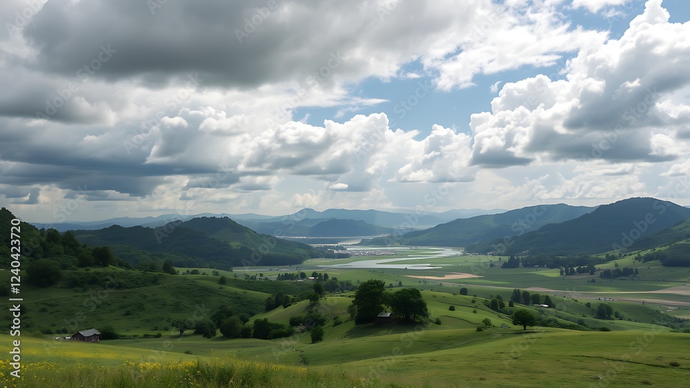 Serene panoramic view of lush green valley, rolling hills, and a river under a cloudy sky, ideal for nature and travel photography. Serene panoramic view of lush green valley, rolling hills, and a river under a cloudy sky, ideal for nature and travel photography.