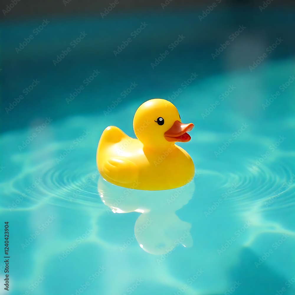 an yellow plastic duck in the center of a pool floating minimal composition an yellow plastic duck in the center of a pool floating minimal composition