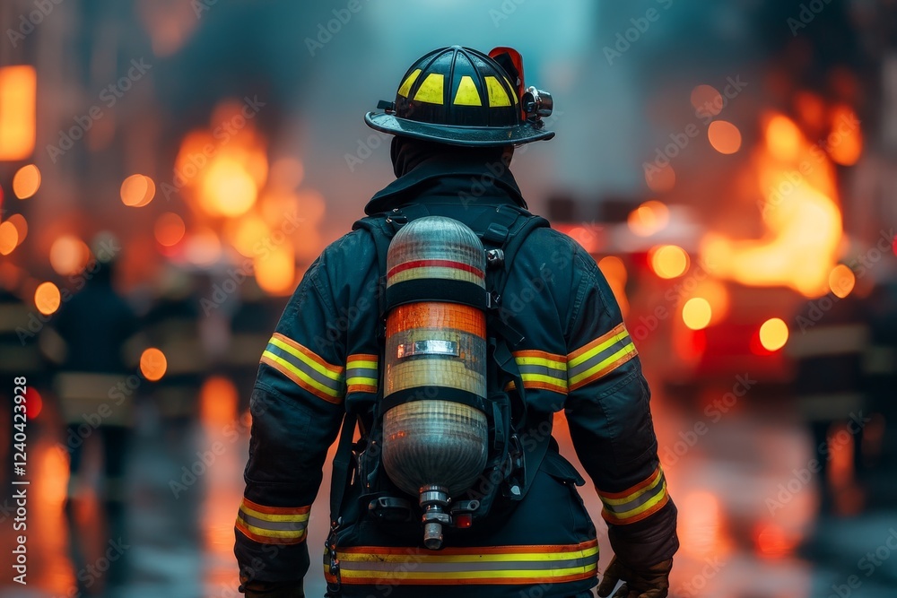 Firefighter stands resolutely in front of a raging blaze during an intense emergency response at night Firefighter stands resolutely in front of a raging blaze during an intense emergency response at night