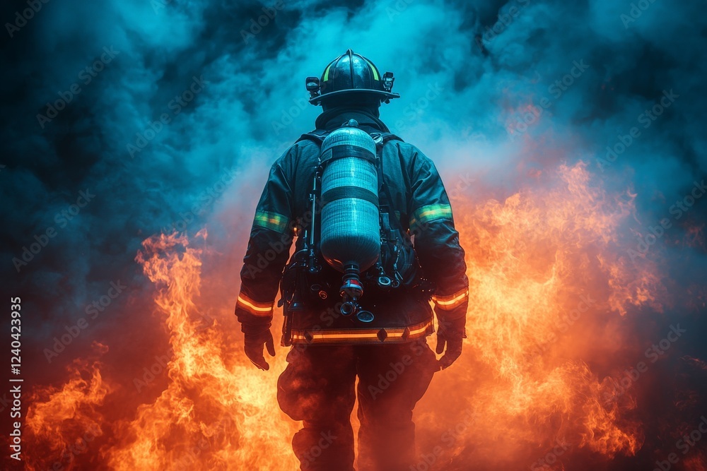 Obraz premium Firefighter responds to blaze with determination amidst smoke and flames in dramatic rescue operation