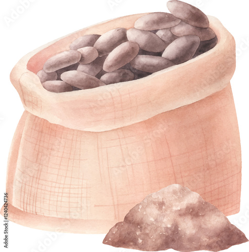 Watercolor clip art with bag of cocoa beans and cocoa powder. Vector clip art for design books and menu cafe.