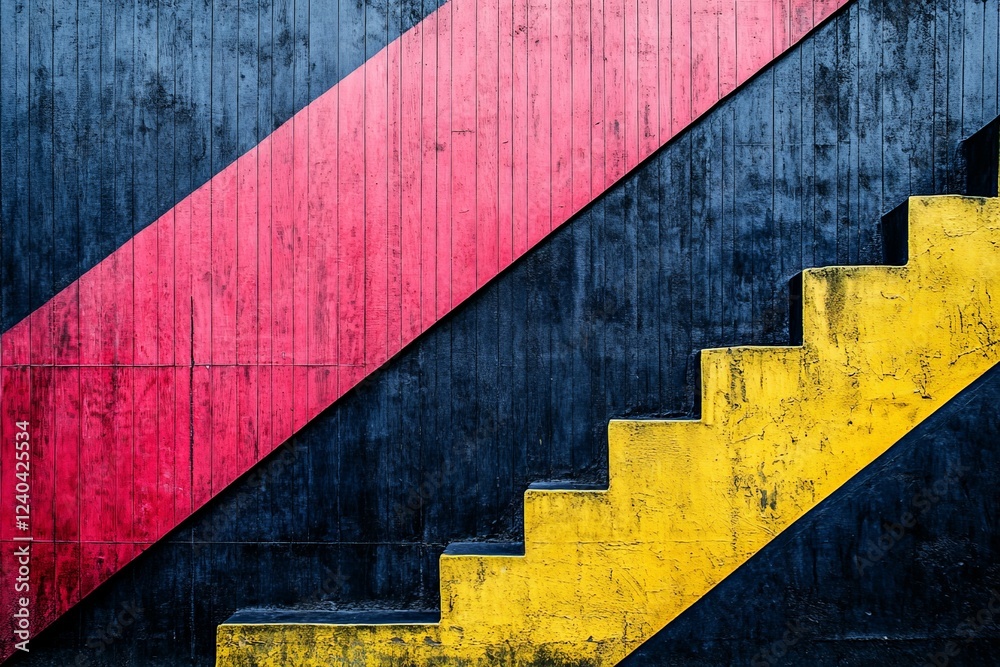 Naklejka premium Vibrant abstract mural with red and yellow diagonal patterns and textured stairs against a dark backdrop