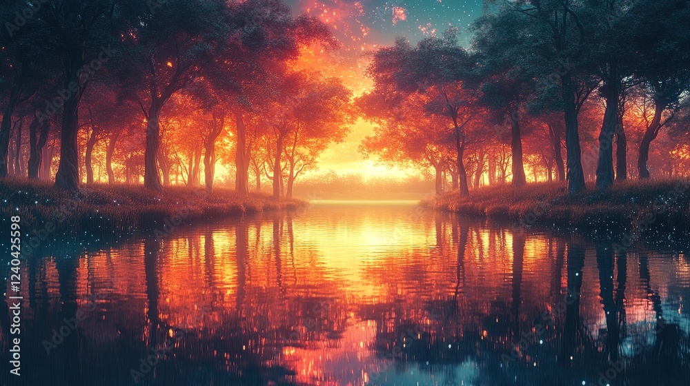 A mirrored abstract forest reflected perfectly in a glowing river A mirrored abstract forest reflected perfectly in a glowing river