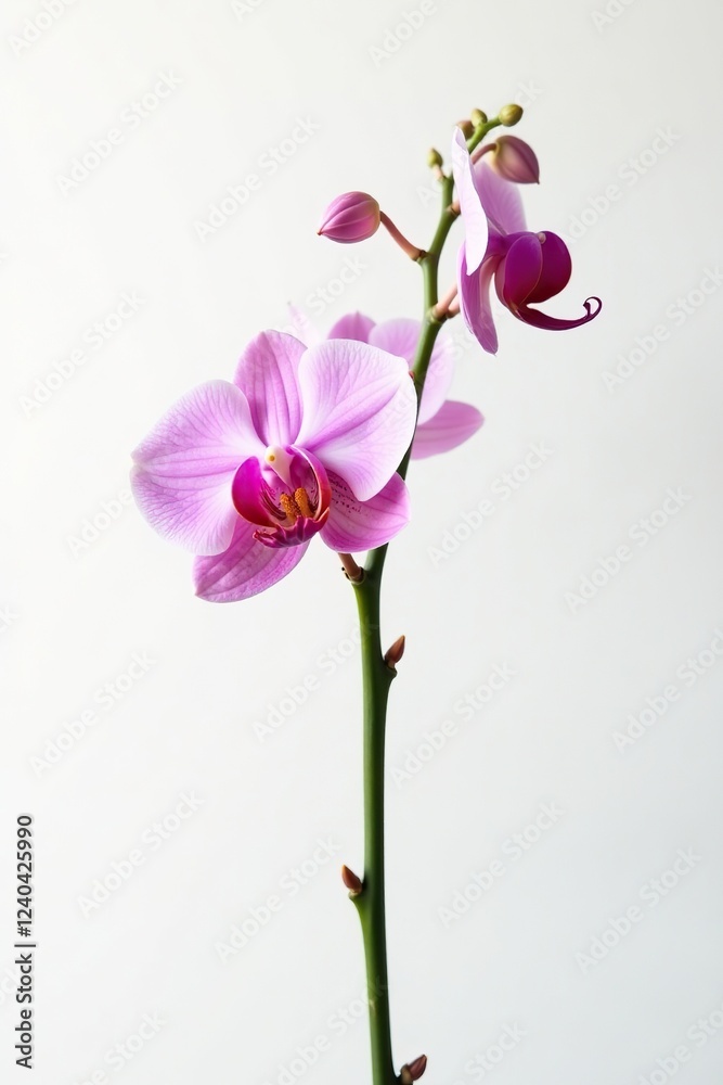 Fototapeta premium A delicate orchid stem with tiny buds against a stark white background, isolated, buds