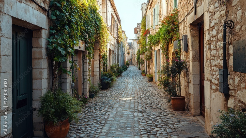 Fototapeta premium A serene cobblestone street flanked by charming stone buildings adorned with greenery and potted plants, inviting exploration and tranquility.
