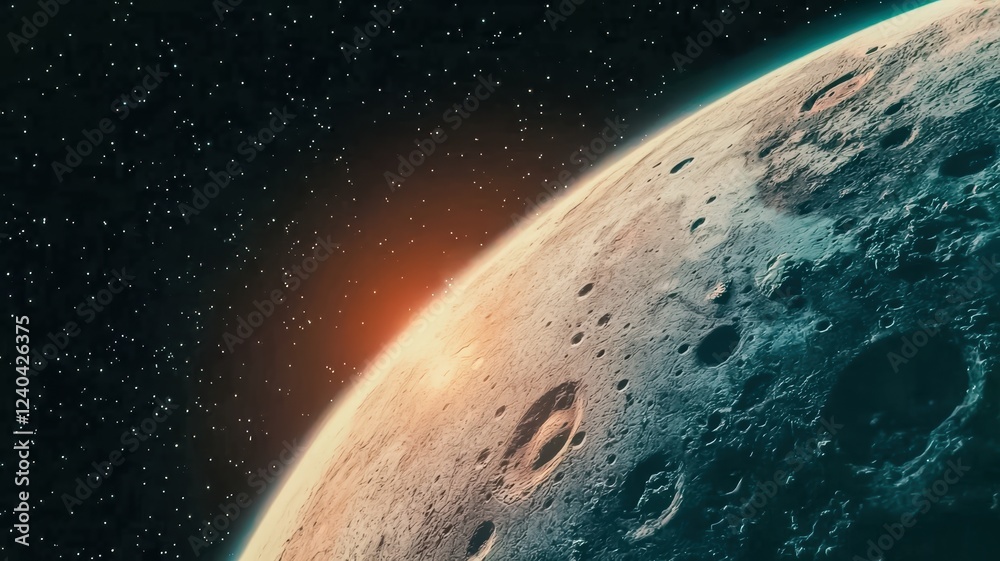 Obraz premium A stunning view of a celestial body, showing craters and a glowing horizon, set against a starry backdrop.