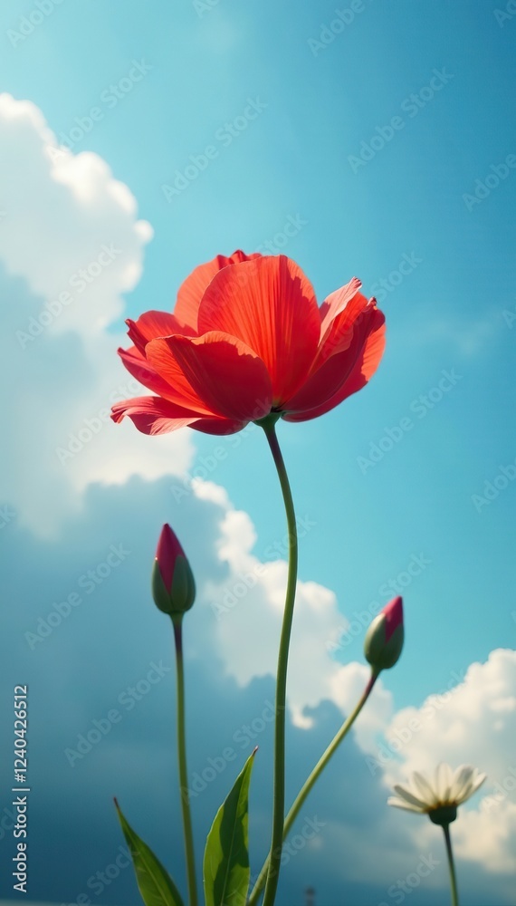 Obraz premium A delicate red flower nestled in the heart of a cloudless blue, cloudy skies, natural wonder