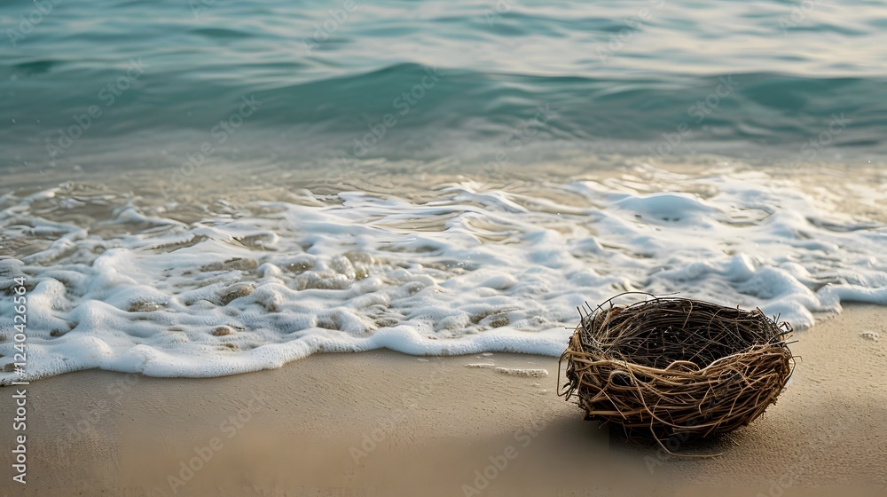 Obraz premium Simple bird's nest on a serene beach with gentle waves