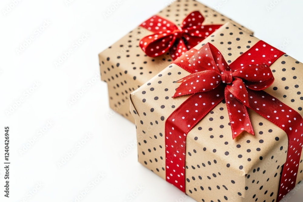 Obraz premium Festive wrapped gifts decorated with red ribbons and polka dots on a light background ready for celebration