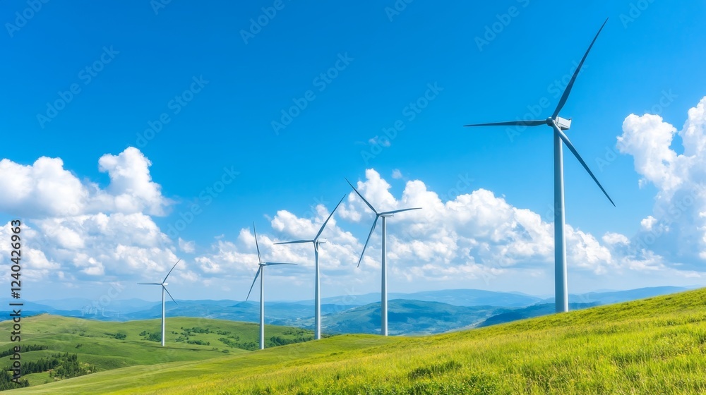 Bright wind turbines rise against a blue sky, highlighting clean energy and eco-awareness, Earth Day concept Bright wind turbines rise against a blue sky, highlighting clean energy and eco-awareness, Earth Day concept