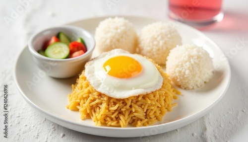 A Balanced Plate of Flavor: Fried Egg, Golden Noodles, Rice Balls and Salad