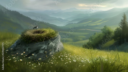 Peaceful hilltop meadow with a bird's nest on a rock